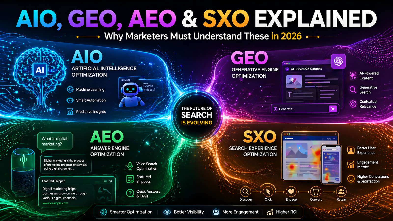 What AIO, GEO, AEO, and SXO Actually Mean — and Why Marketers Should Care